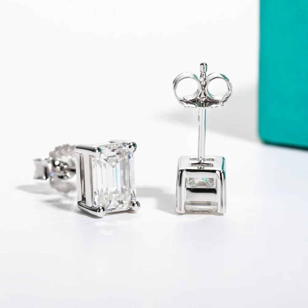 Certified 4ct. t.w. Moissanite Diamond Emerald Cut Stud Earrings NEW